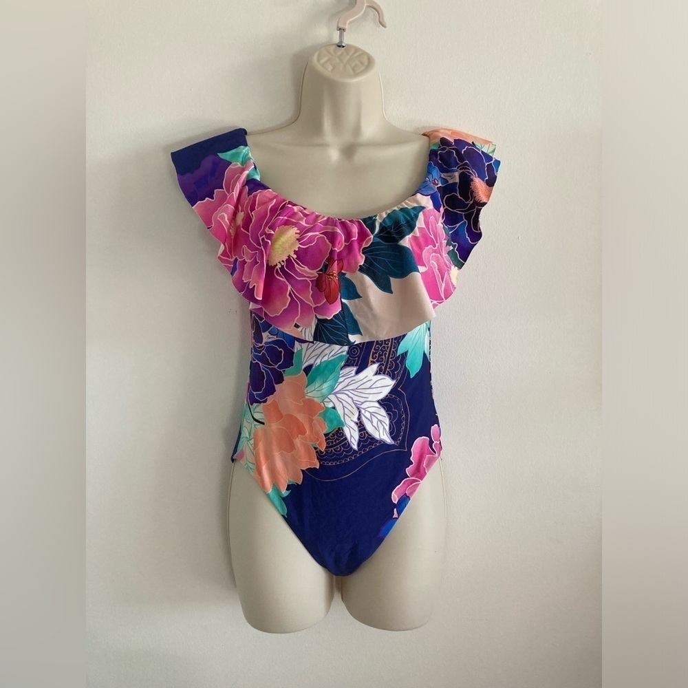Trina Turk Opulent Oasis Off Shoulder Ruffle Bandeau One Piece Swimsuit - Picture 3 of 14